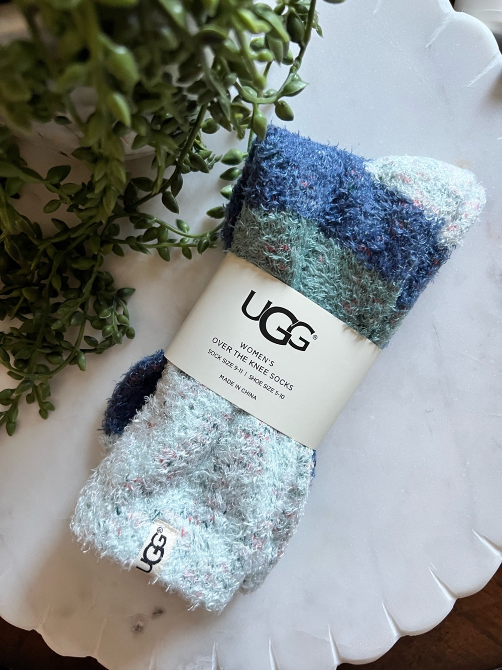 UGG Blue Fuzzy Over-the-Knee Grip Socks NWT